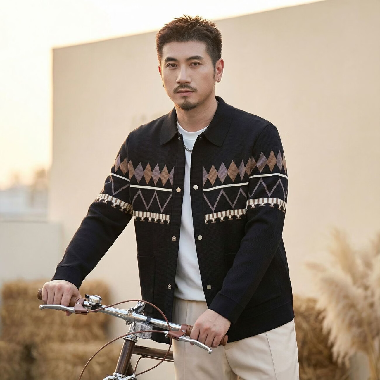 CK&VF2026新款春季男士时尚针织毛衣开衫外套针织衫翻领休闲百搭撞色 黑色 4XL