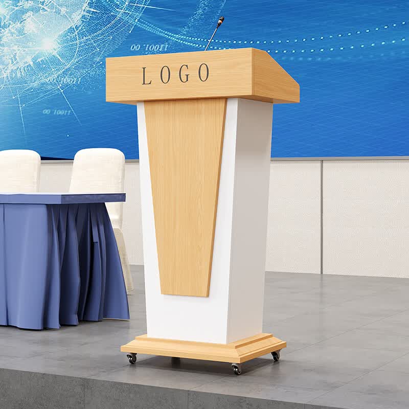 会议发言台定制logo实木婚礼主持司仪台 白色&金丝橡木色