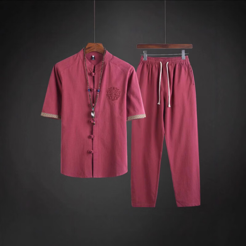隐形都市莫代尔棉麻两件套中国风夏季亚麻套装中式唐装汉服茶禅服男士睡衣 黑色【上衣+裤子】两件套 当季新品 5XL 200-220斤