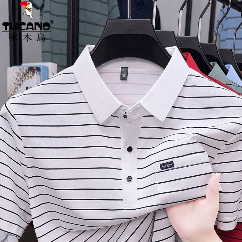 啄木鸟（TUCANO）冰丝短袖t恤男翻领条纹polo衫2026夏季真口袋凉感透气爸爸装半袖 桔色 4XL (190) 建议180-200斤