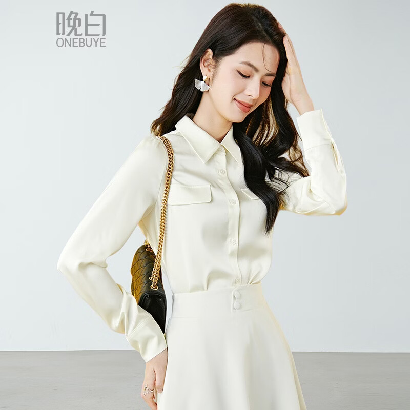 晚白2026年春高级感翻领正式场合面试公考衬衣缎面垂顺正装通勤衬衫女 米杏色 M