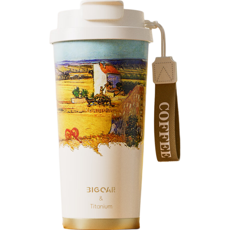 大卡纯钛保温杯高颜值咖啡杯学生便携双饮杯子送男女友生日礼物水杯 秋收麦田【内外纯钛】520ml