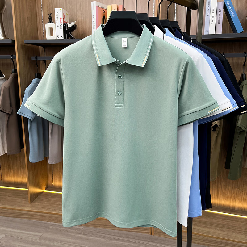 尺度保罗冰丝棉夏季翻领短袖T恤男士薄款宽松透气纯色百搭POLO衫大码上衣 BZ26601浅蓝 M 推荐90-120斤
