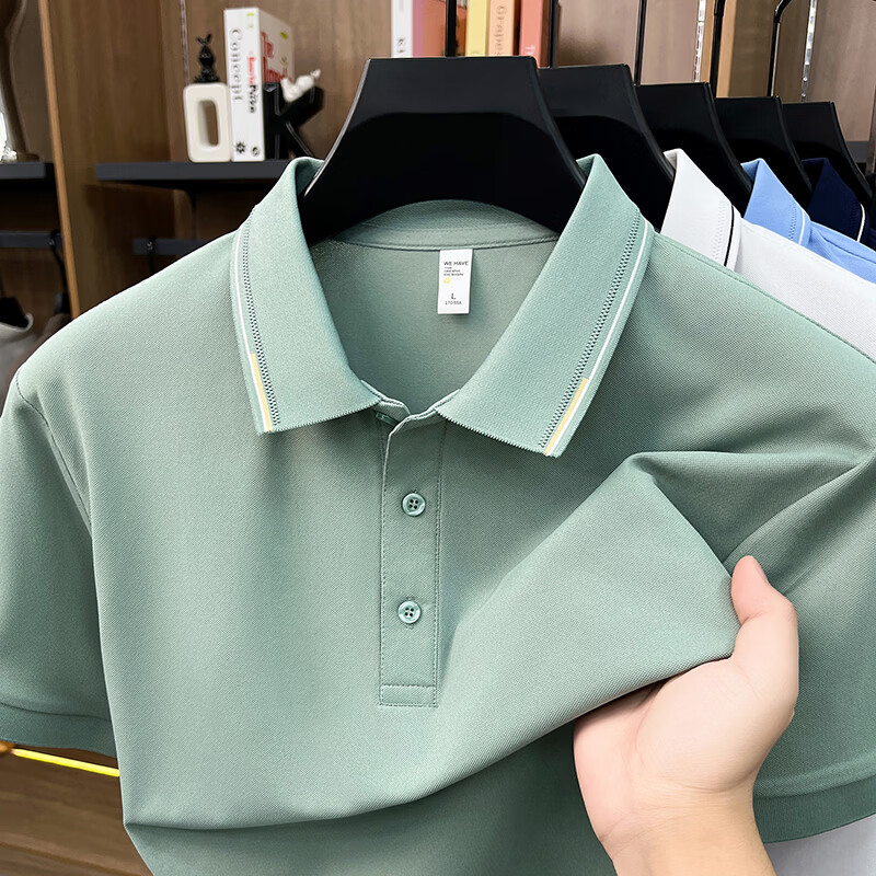 尺度保罗冰丝棉夏季翻领短袖T恤男士薄款宽松透气纯色百搭POLO衫大码上衣 BZ26601浅蓝 M 推荐90-120斤
