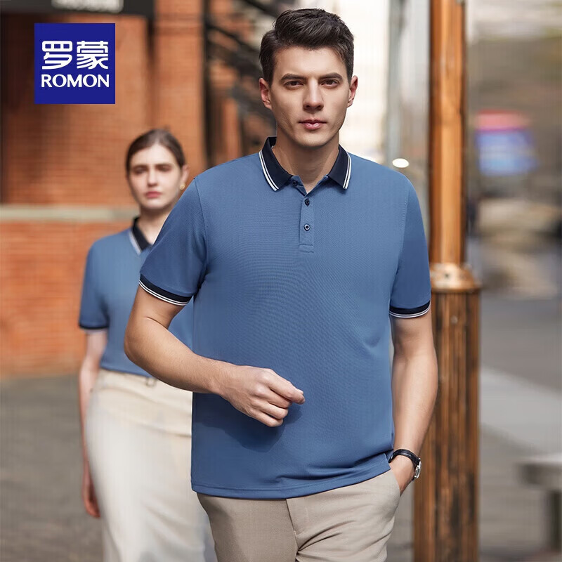 罗蒙（ROMON）短袖T恤衫男宽松弹力撞色polo领夏季新款商务休闲上衣 海蓝 XL (180) 【建议125-140斤】