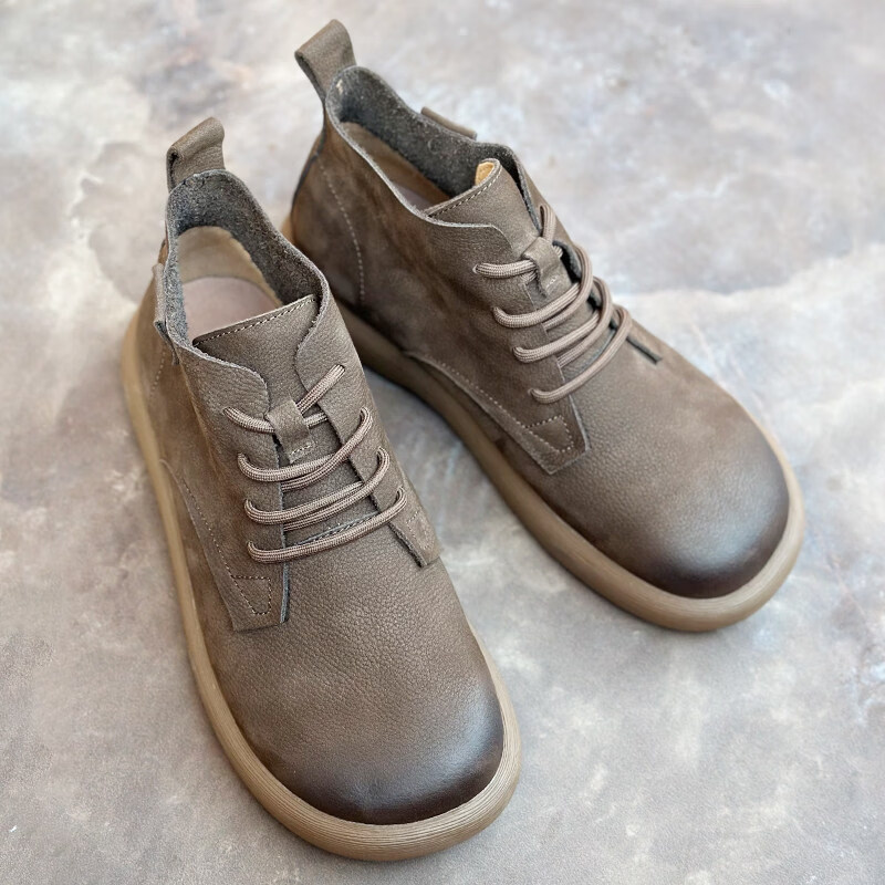 男士马丁靴复古英伦头层透气软皮软底系带短靴子 灰色 42 京东折扣/优惠券