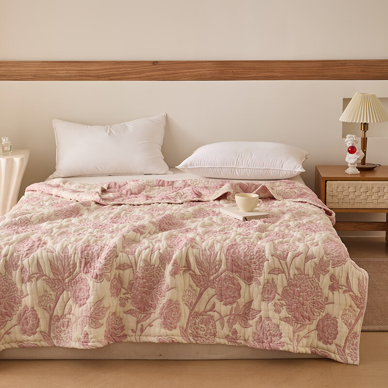 恒源祥全棉毛毯 A类100%全棉纱布毛巾被可机洗午睡毯学生夏季透气毯子 牡丹初绽-豆沙粉【A类全棉】 150cm*200cm