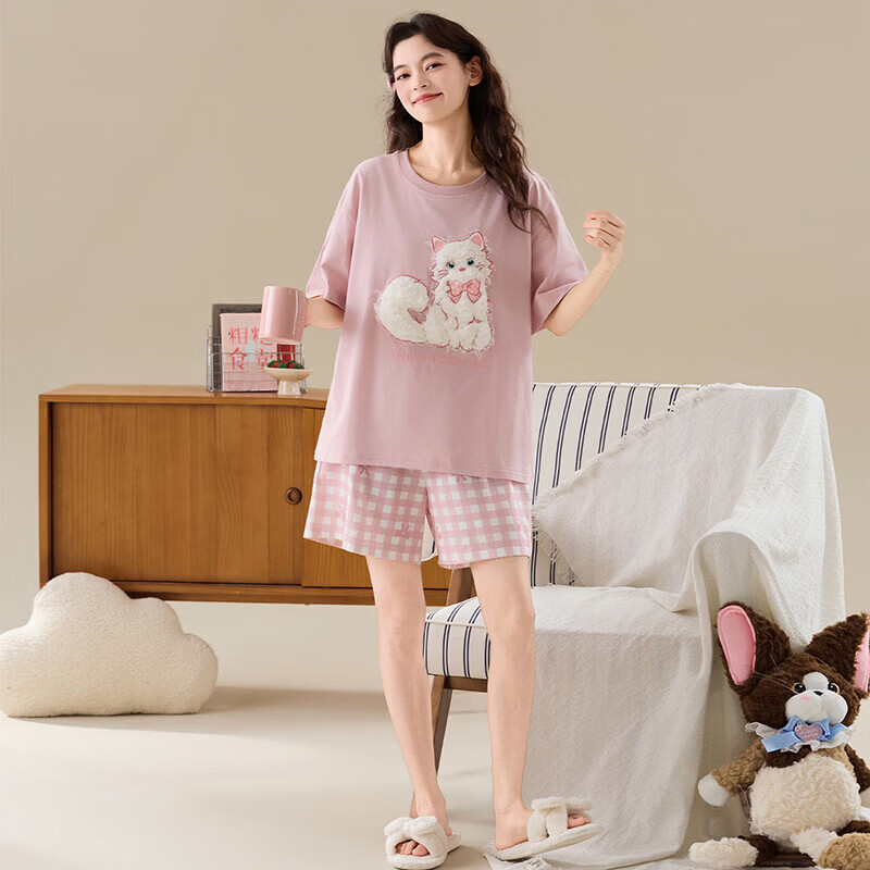 纯棉睡衣女款夏季2026新款短袖圆领可爱卡通腊肠狗家居服套装 Z44040 3XL