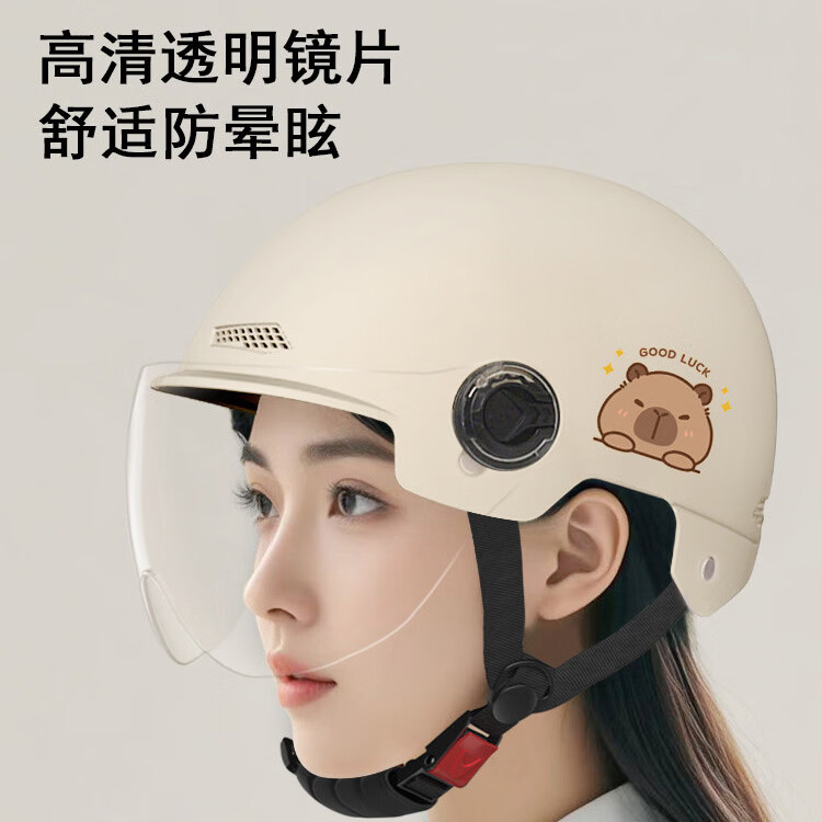绿源（Luyuan）新国标儿童亲子可爱卡皮巴拉电瓶车头盔3C认证男女孩四季通用卡通动物头盔 米色【成人】透明长镜