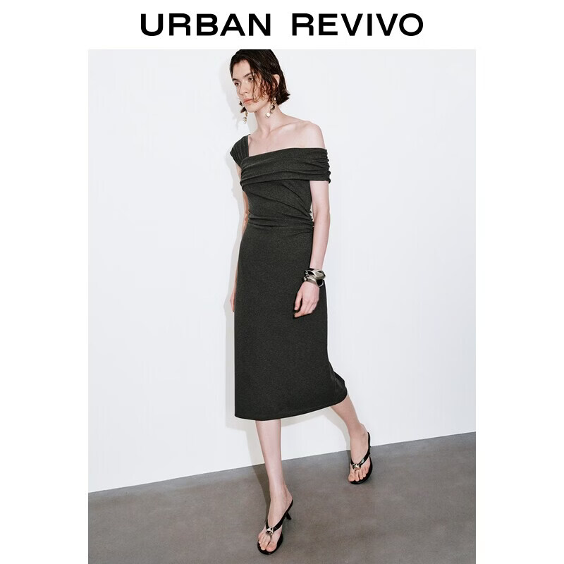 UR2026夏季新款女装魅力设计感交叠一字领连衣裙UWG760082+ 深灰 M