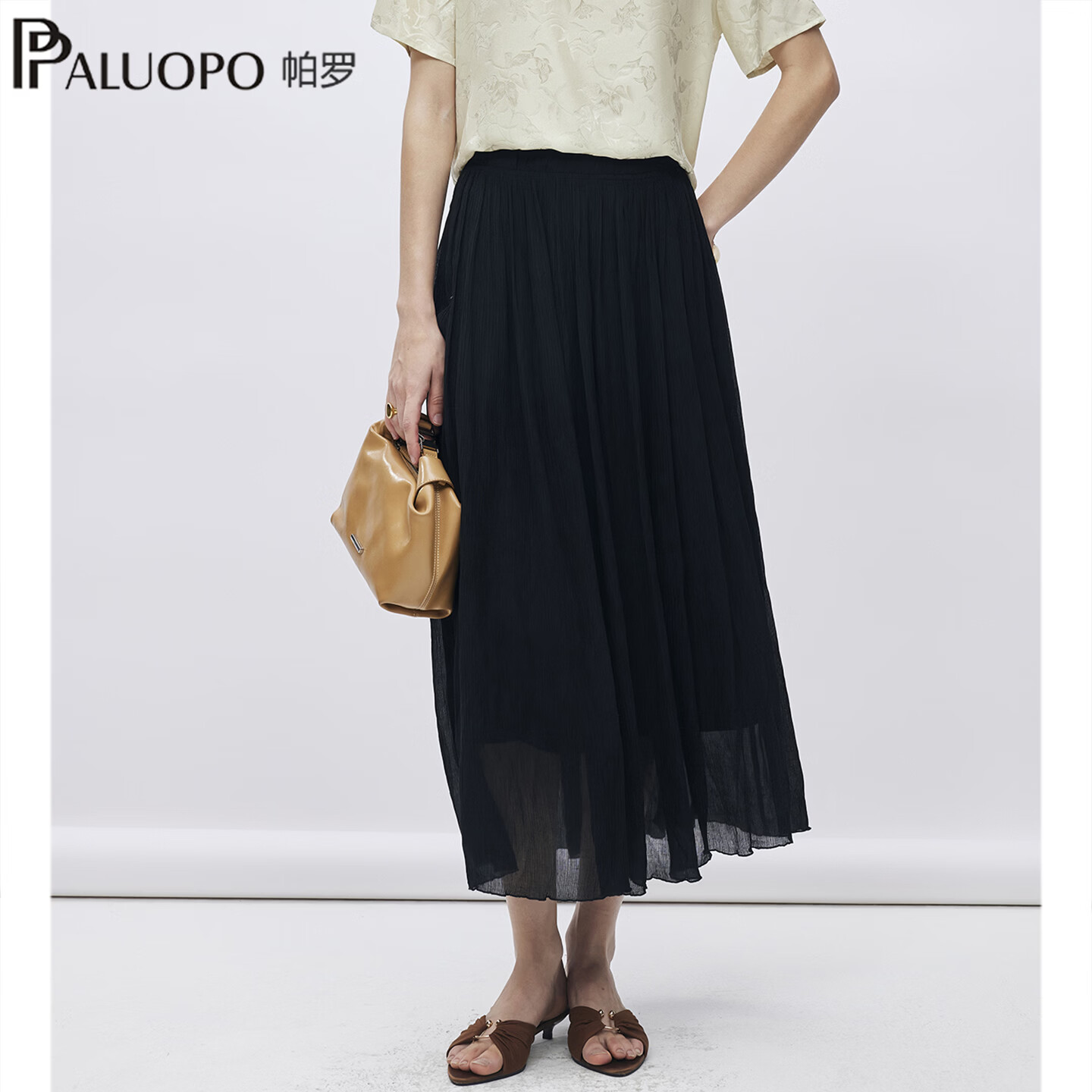 帕罗（PALUOPO）2026夏季新款蕾丝质感半身裙高腰显瘦气质双层中长裙子ES260060B 黑色 M 160/68A