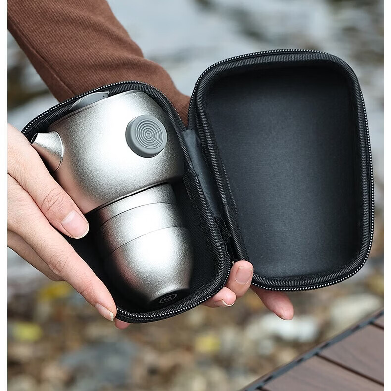 微可道新款纯钛结晶旅行茶具套装便携式户外露营功夫泡茶器随身快客杯 银色 一壶3杯 潮壶四件套（带收纳包）