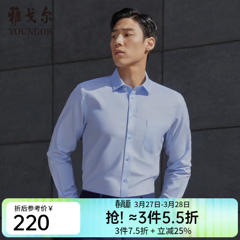 雅戈尔（YOUNGOR）长袖衬衫男素色DP免烫衬衫全棉面料舒适透气平整抗皱易打理 浅蓝 40