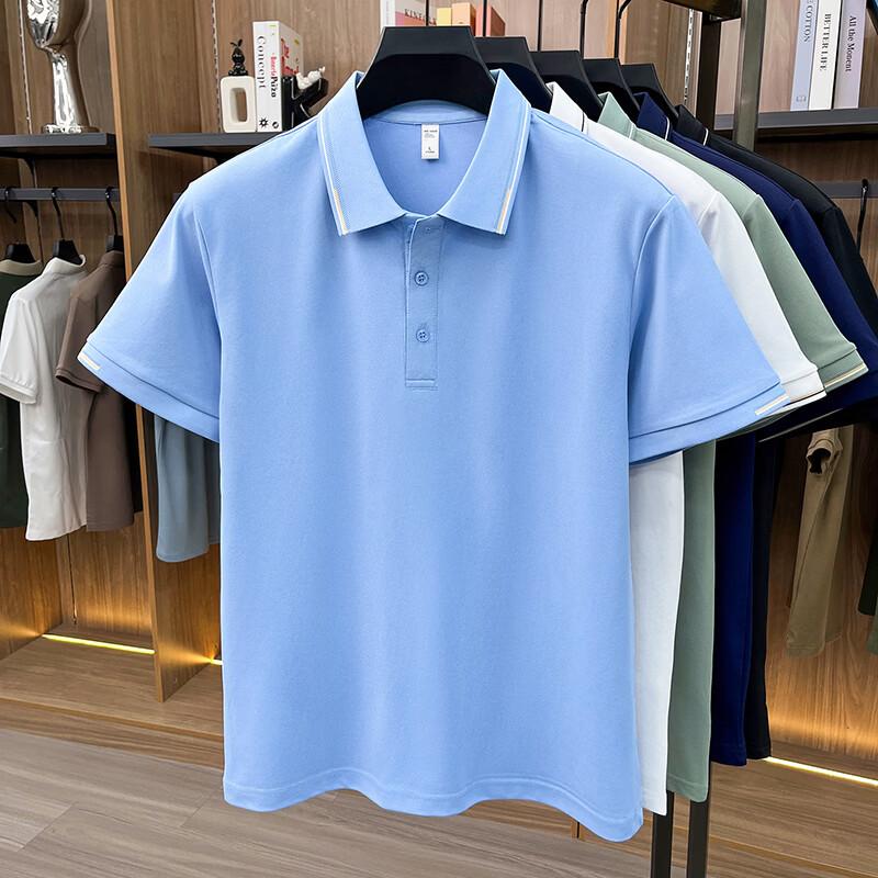 尺度保罗冰丝棉夏季翻领短袖T恤男士薄款宽松透气纯色百搭POLO衫大码上衣 BZ26601浅蓝 M 推荐90-120斤