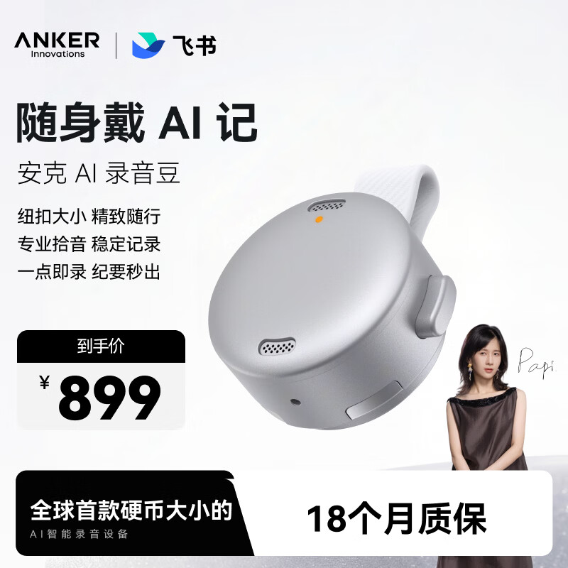 ANKER【papi酱推荐】安克飞书AI录音豆智能转文字会议纪要总结麦克风录音卡神器笔小巧商务办公钛空银