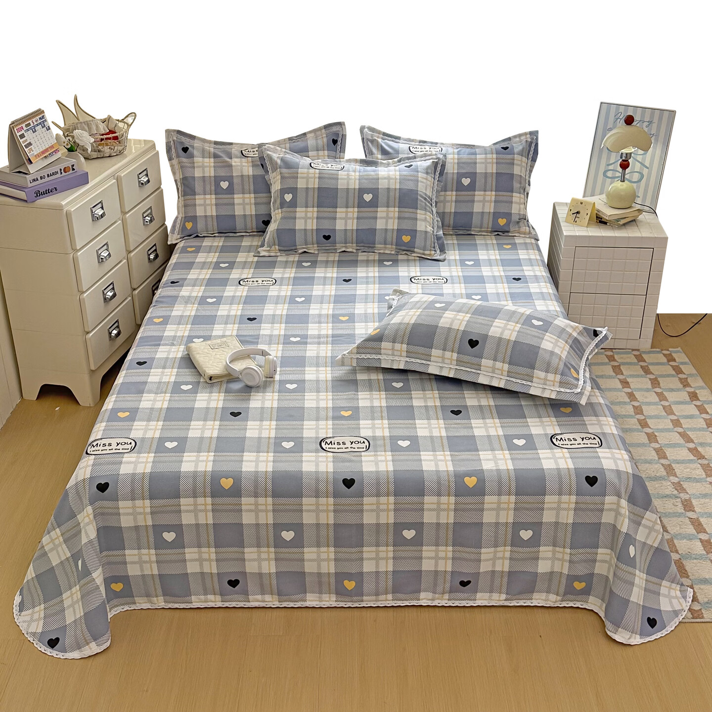 多兰诗（Duolanshi）原棉老粗布床单 加厚可水洗机洗单双人被单老粗布凉席 简爱 200cm*230cm 床单+2只枕套