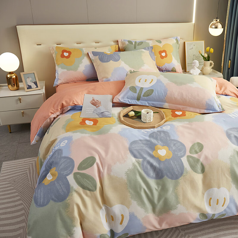 唐纳家纺简约亲肤棉四件套 柔软透气裸睡家用宿舍双人床品可机洗 亲肤棉四件套-春暖花开 床单款 (被套200*230cm)