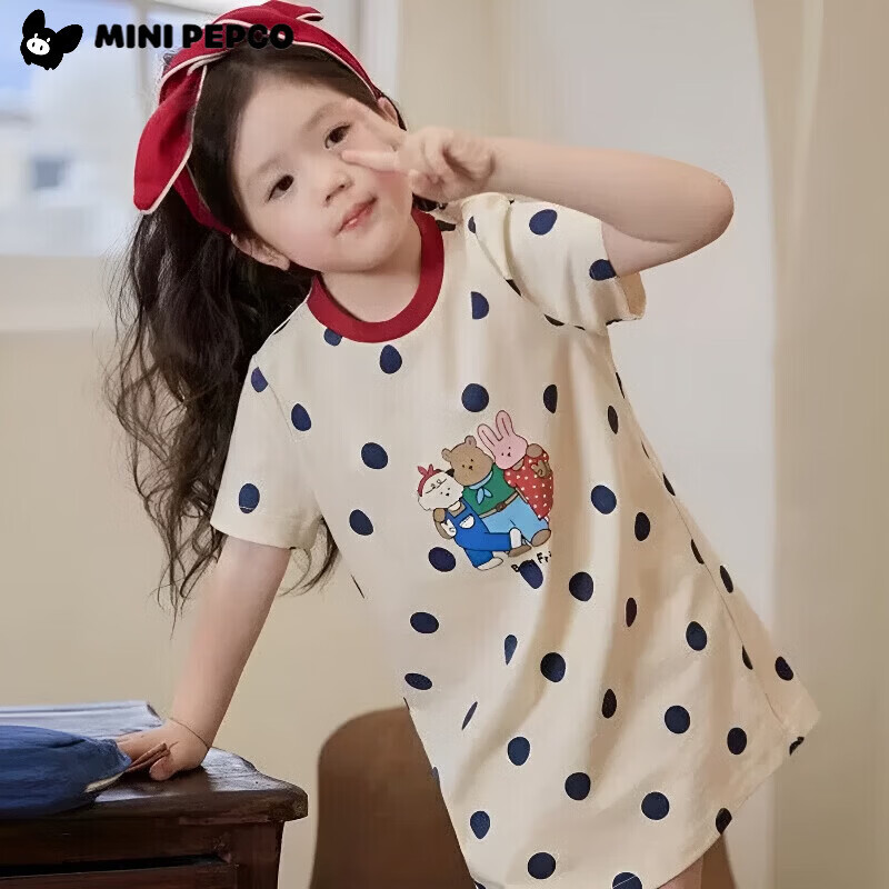 小猪班纳（PEPCO）女童连衣裙夏季儿童休闲洋气短袖连体公主裙小女孩童装夏装儿童裙 MTH短袖棉裙-波点 140 (建议身高125-135cm)