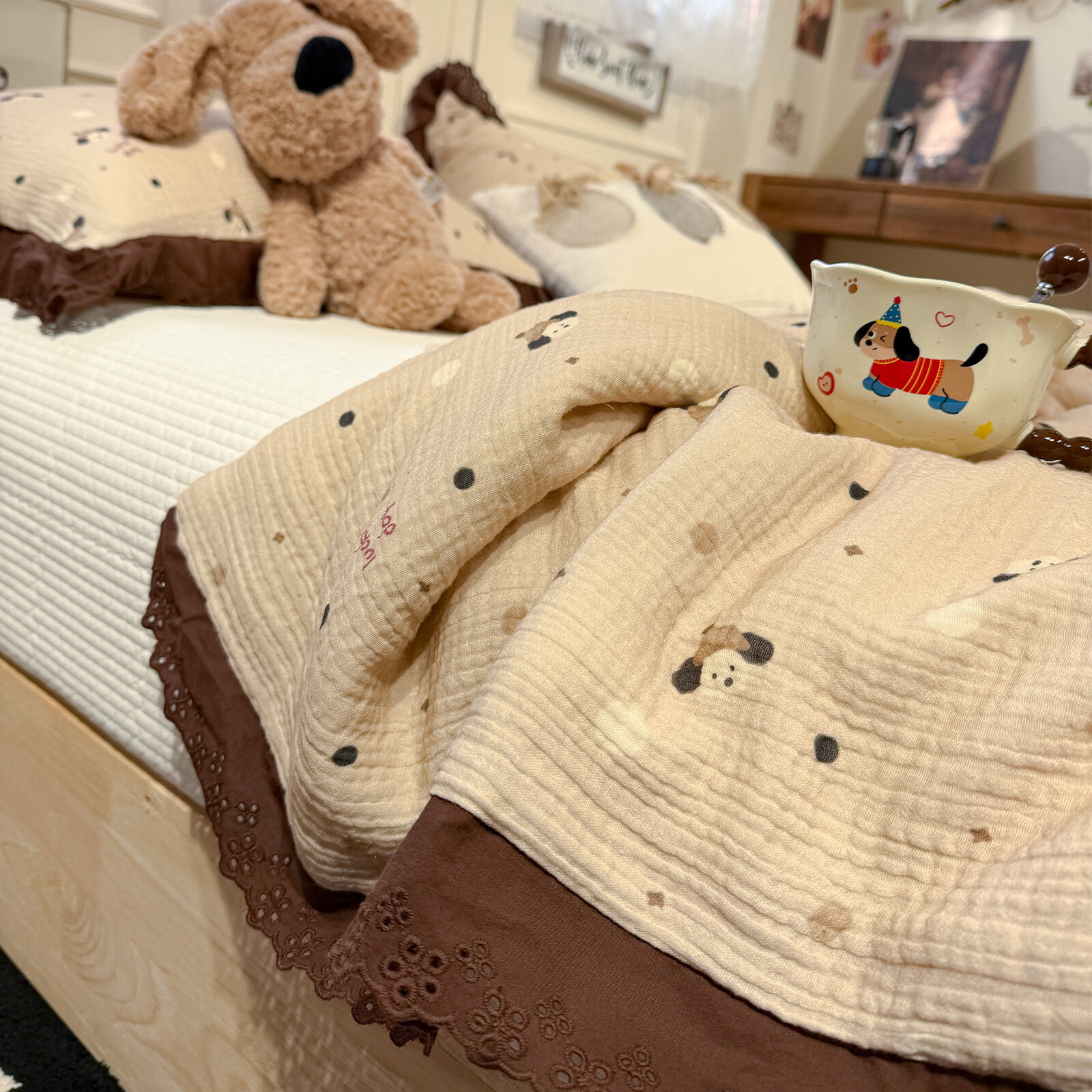 苏萱全棉纯棉皱皱纱夏凉被空调被可机洗夏季夏天单人双人2026新款热卖 皱皱纱花边款-帽子小狗 单人夏被-150x200cm