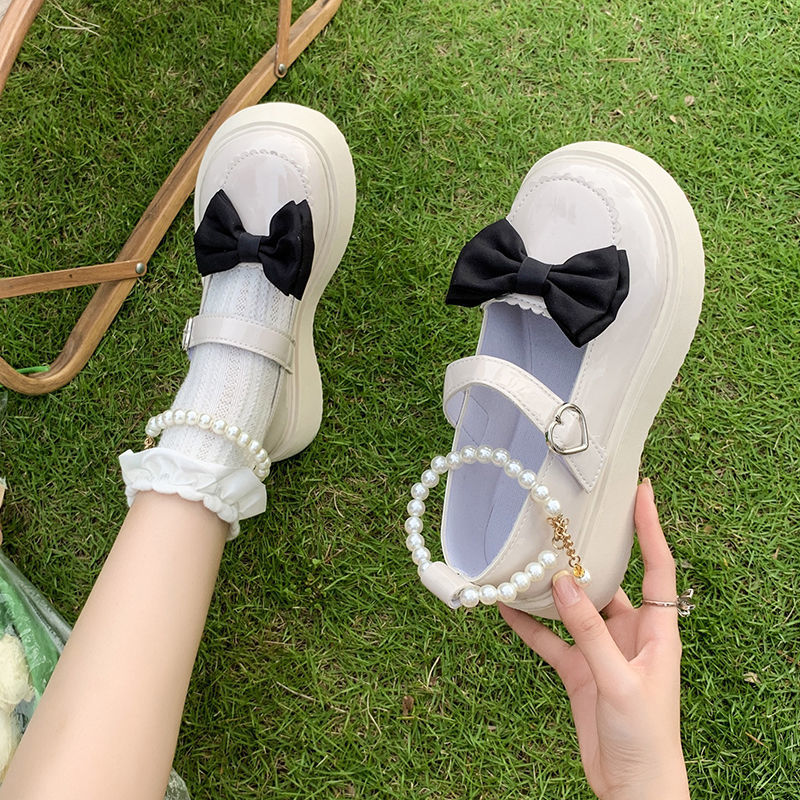 小女生皮鞋日系小皮鞋女英伦风2022年夏季新款法式粗跟珍珠蝴蝶结玛丽