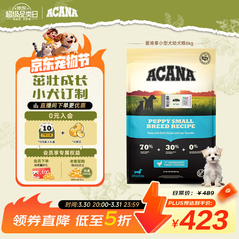 愛肯拿（ACANA）狗粮 幼犬小型犬全价小颗粒无谷鸡肉高蛋白进口犬粮6kg 效期26/10