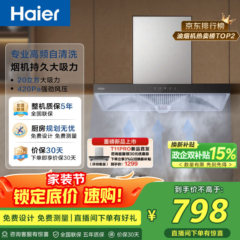 海尔（Haier）抽吸排油烟机 顶吸欧式一级能效 免费上门安装 家用吸油烟机T3S 20风量大吸力自清洁以旧换新