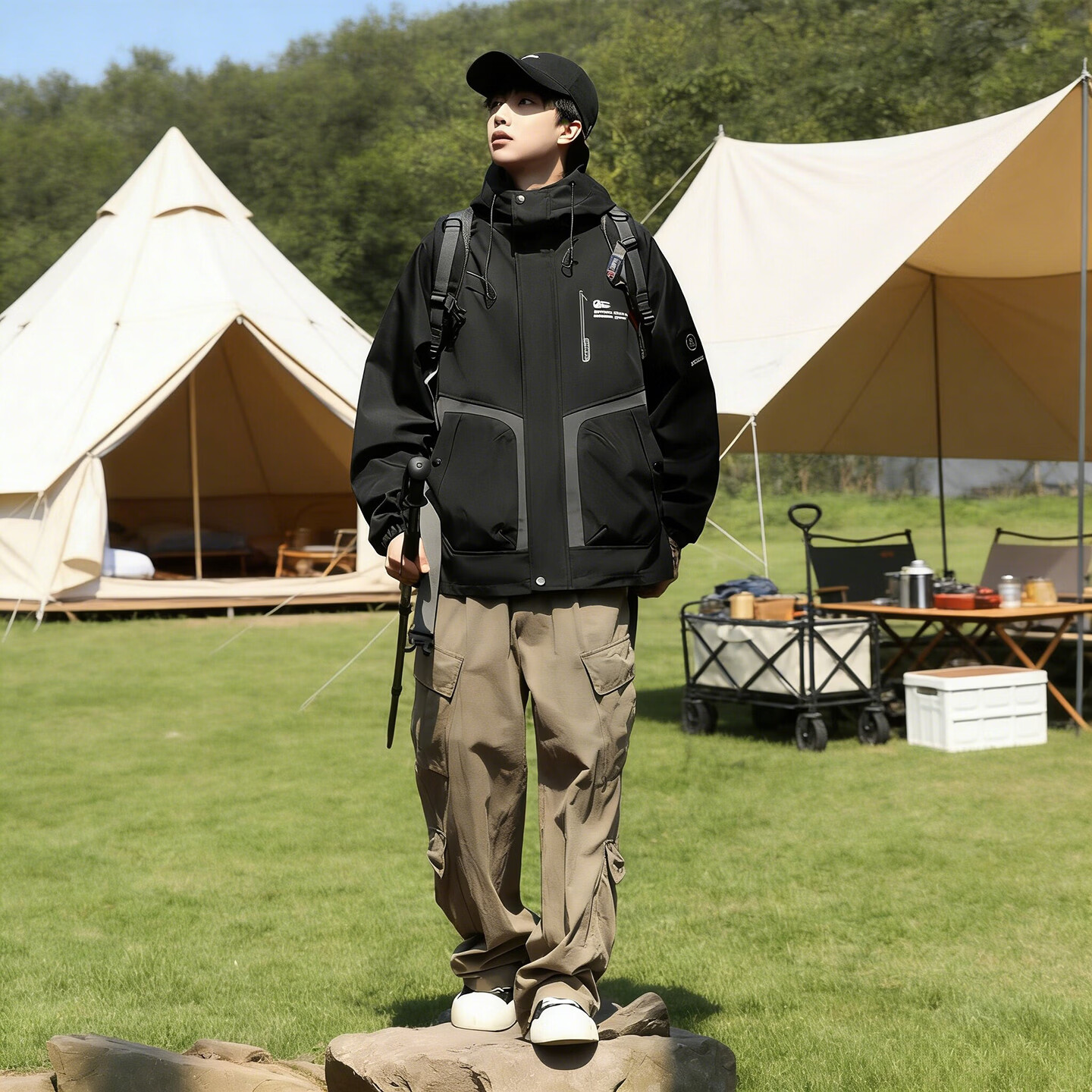 港诗伦户外冲锋衣外套男2026春装宽松百搭连帽运动休闲夹克外套上衣男装 黑色 常规 XL (175)