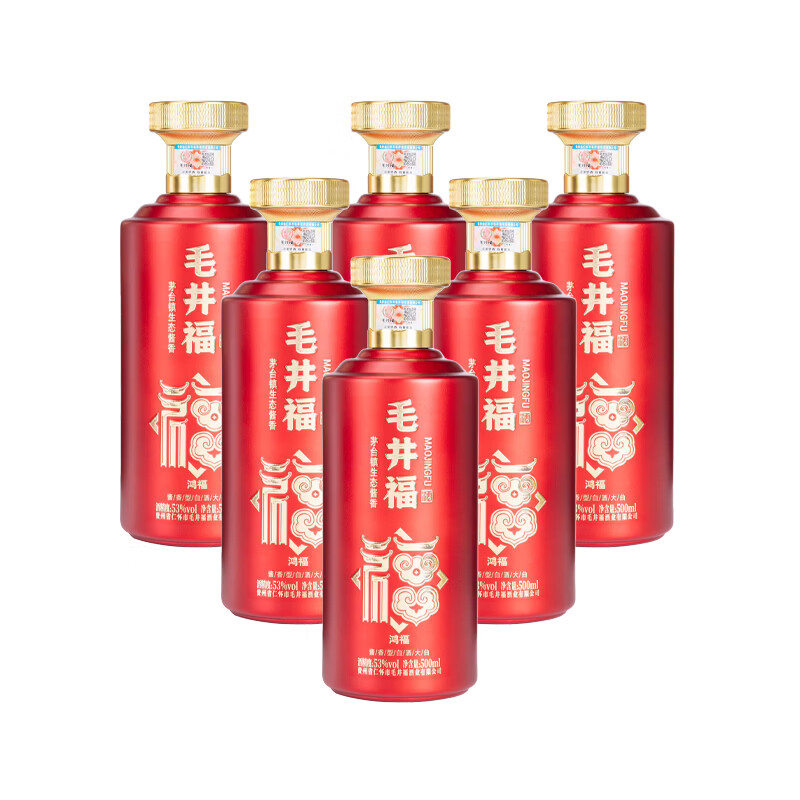 毛井福 贵州大曲坤沙纯粮食白酒  茅台镇酱香型53度高粱酒 婚宴酒席礼品 53%vol 500mL 6瓶 【整箱，送礼品袋三个】