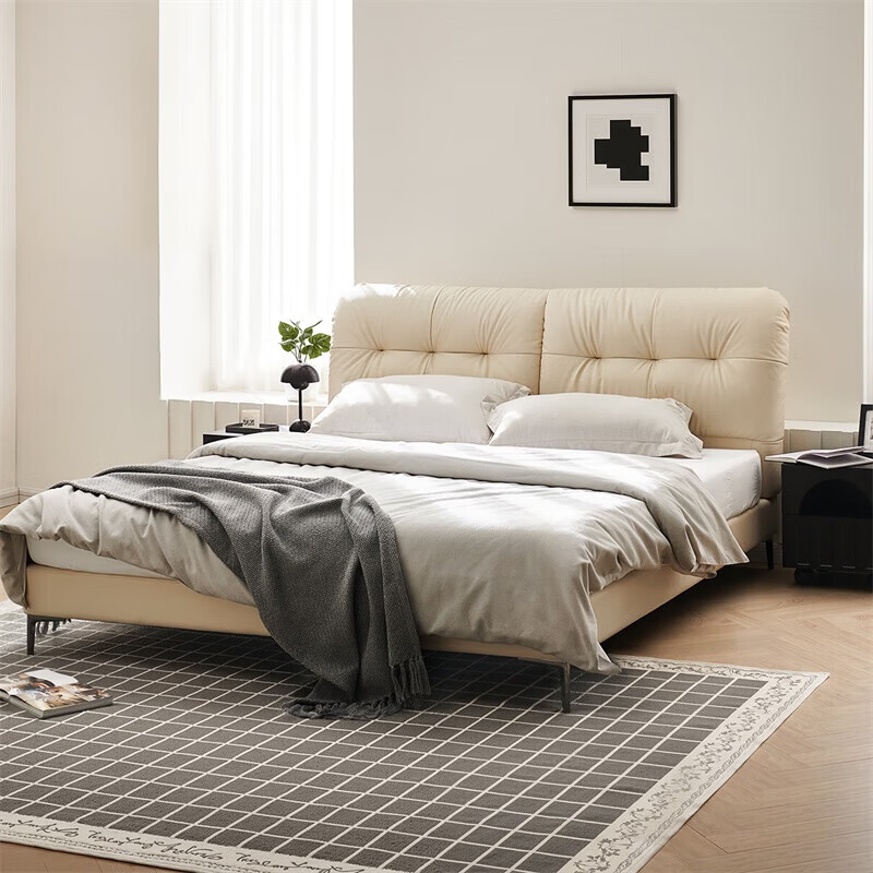 全友（QUANU）家居奶油风真皮床头层牛皮软包床家用主卧室双人大床齐边高脚床 牛皮|单床 1.5米