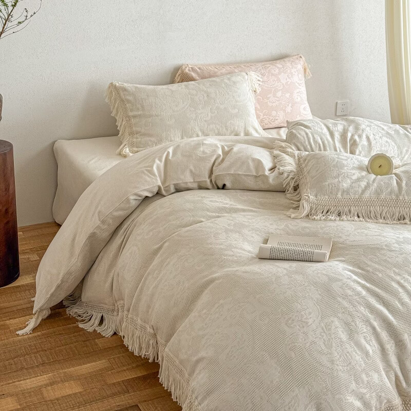 ROLAND LIVE法式华夫格提花棉麻四件套流苏花边被套床单简约风透气床上用品 WL 棉麻四件套-法式流苏款米白 1.5米床 床单款 【被套200*230cm】