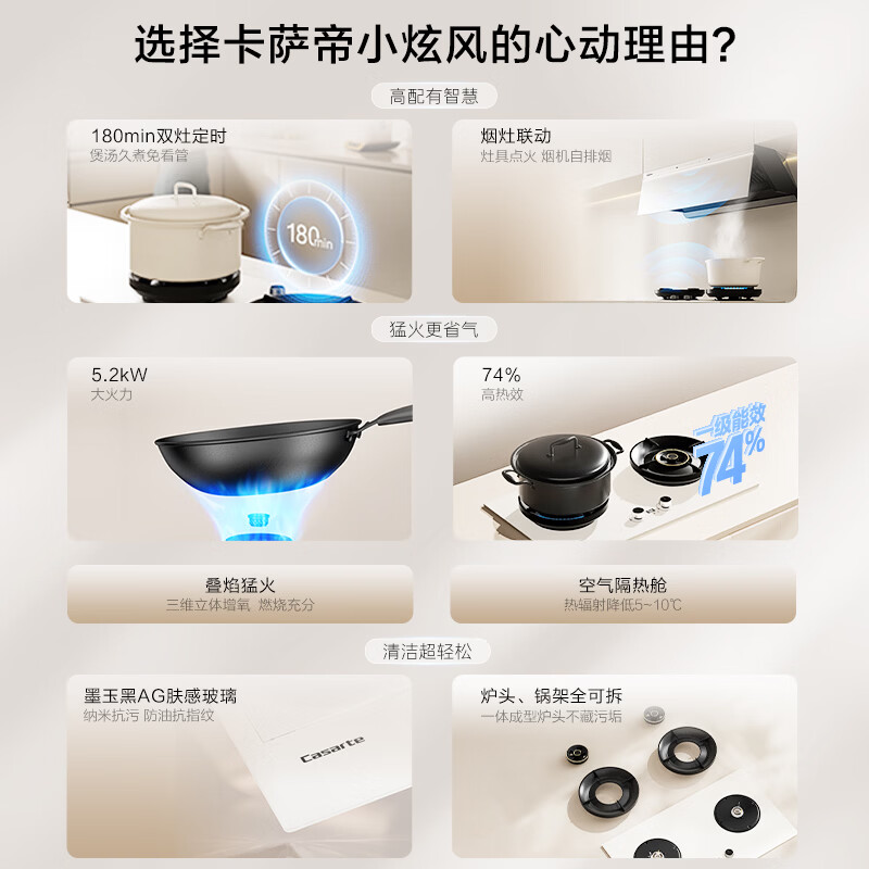 卡萨帝(Casarte)小炫风天然气燃气灶双灶 家用节能台嵌两用 嵌入式煤气灶灶台 74%热效 5.2kw猛火定时 可调节z7白