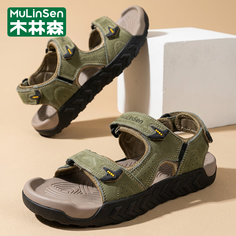 木林森(MULINSEN)凉鞋男2026夏季新款牛皮运动凉拖鞋软底休闲沙滩鞋 绿色 42