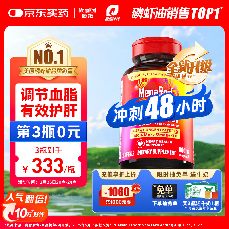 脉拓MegaRed南极双净胆碱磷虾油美国原装进口高纯度1000mg30粒胶囊深海鱼油