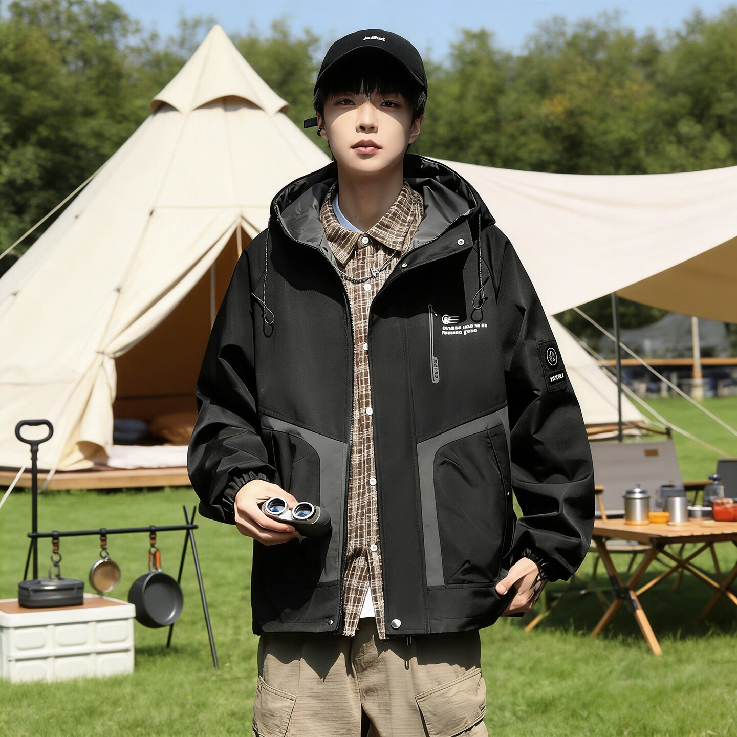 港诗伦户外冲锋衣外套男2026春装宽松百搭连帽运动休闲夹克外套上衣男装 黑色 常规 XL (175)