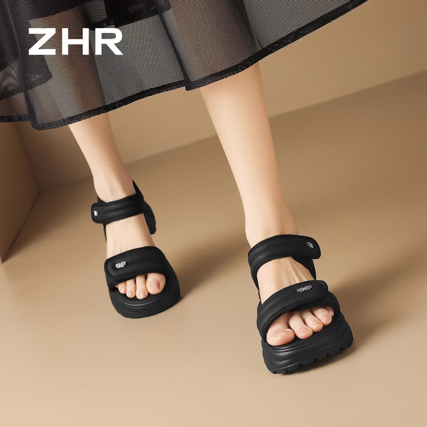 ZHR则则厚底凉鞋女新款外穿魔术贴运动女鞋休闲增高鞋子女JF535黑色37