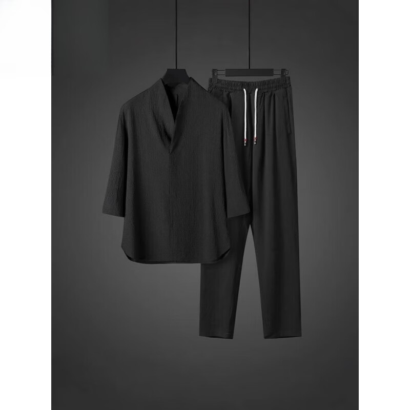 隐形都市莫代尔夏季睡衣男七分袖冰丝亚麻家居服套装宽松中国凤棉麻两件套 灰色【上衣+裤子】两件套 4XL 170-195斤