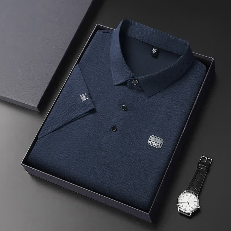 尺度保罗冰丝翻领短袖T恤男士夏季薄款免烫透气树皮纹印花宽松POLO衫上衣 AT2505卡其 3XL 推荐175-190斤