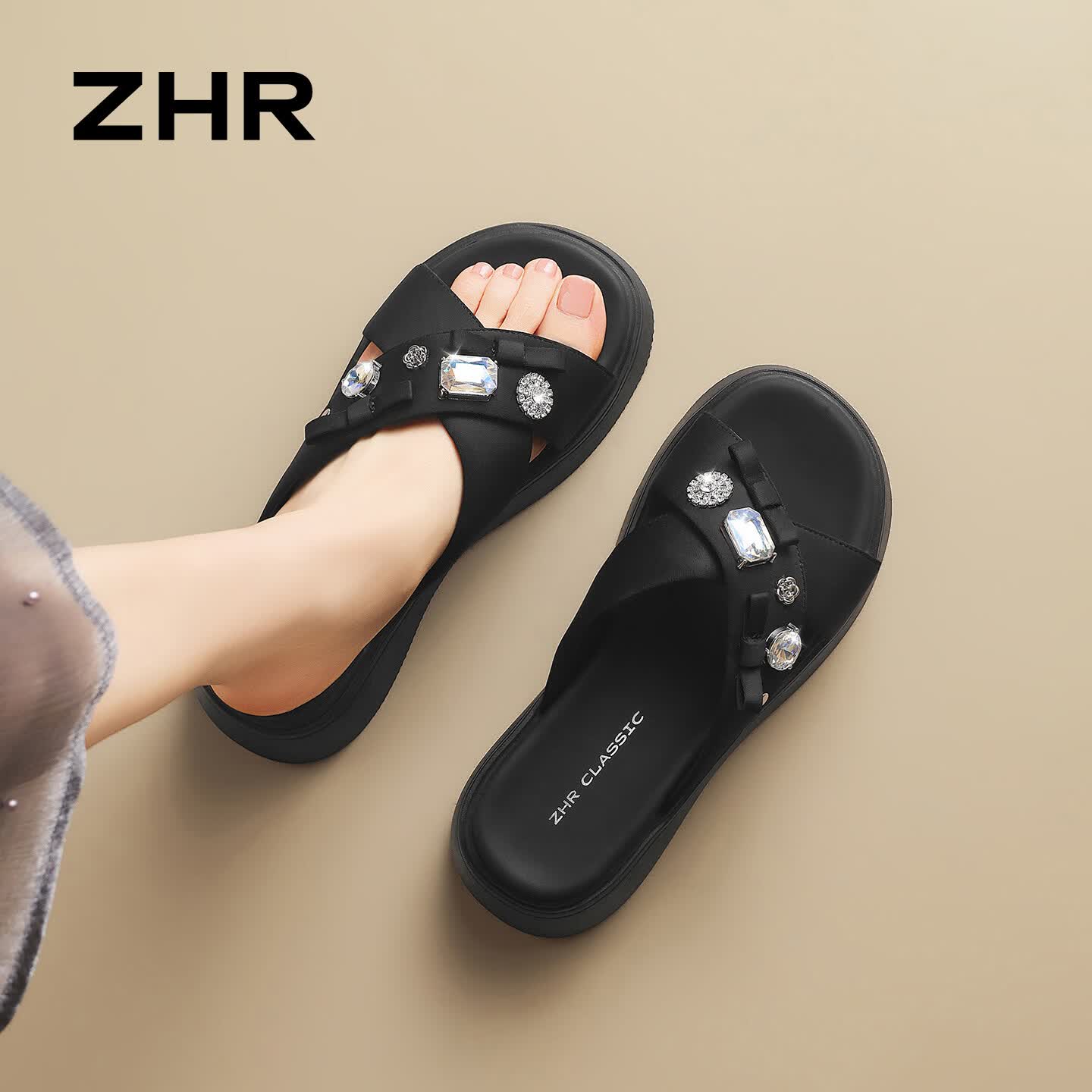 ZHR则则厚底拖鞋女外穿夏季新款软底凉拖水钻蝴蝶结一字拖KN331黑色37