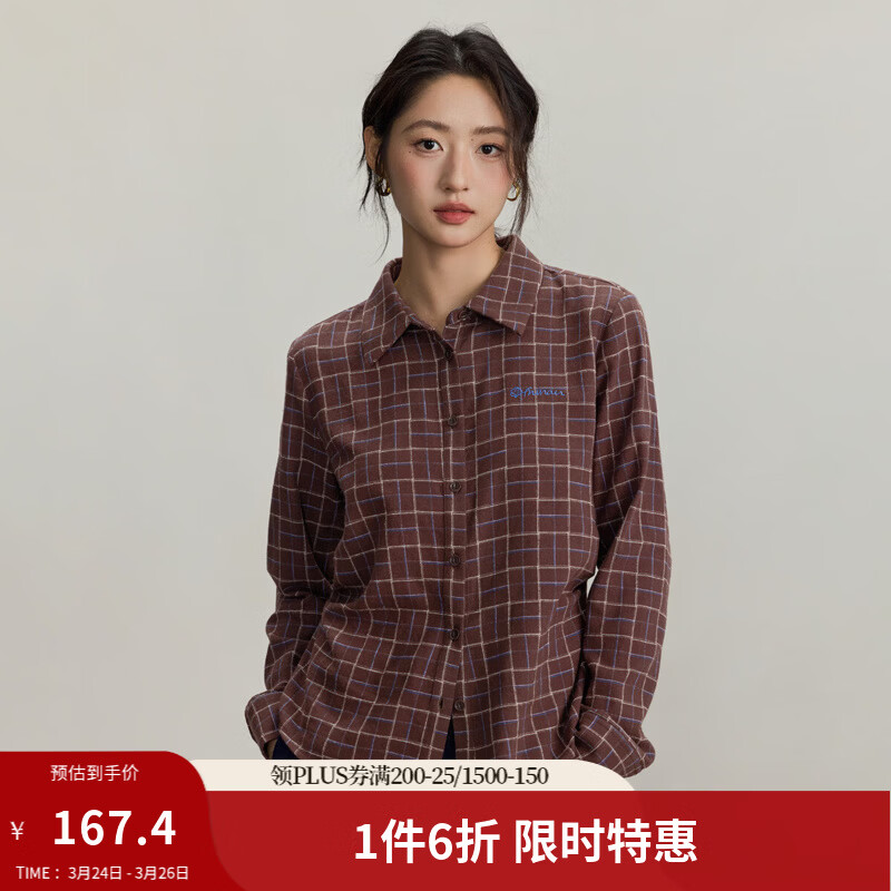 茵曼（INMAN）纯棉复古磨毛长袖格纹衬衫女2025秋冬款气质收腰抽褶叠穿衬衣 咖啡格 L