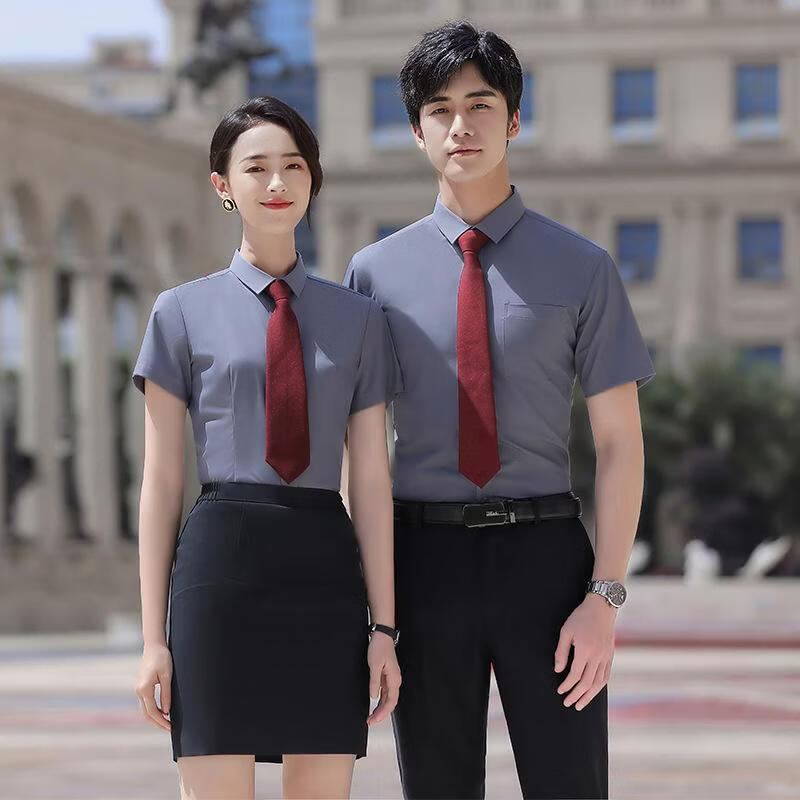 FLYITA白色短袖衬衫男女同款商务正装职业装衬衣酒店前台工作服夏季 藏青色 6XL 女款