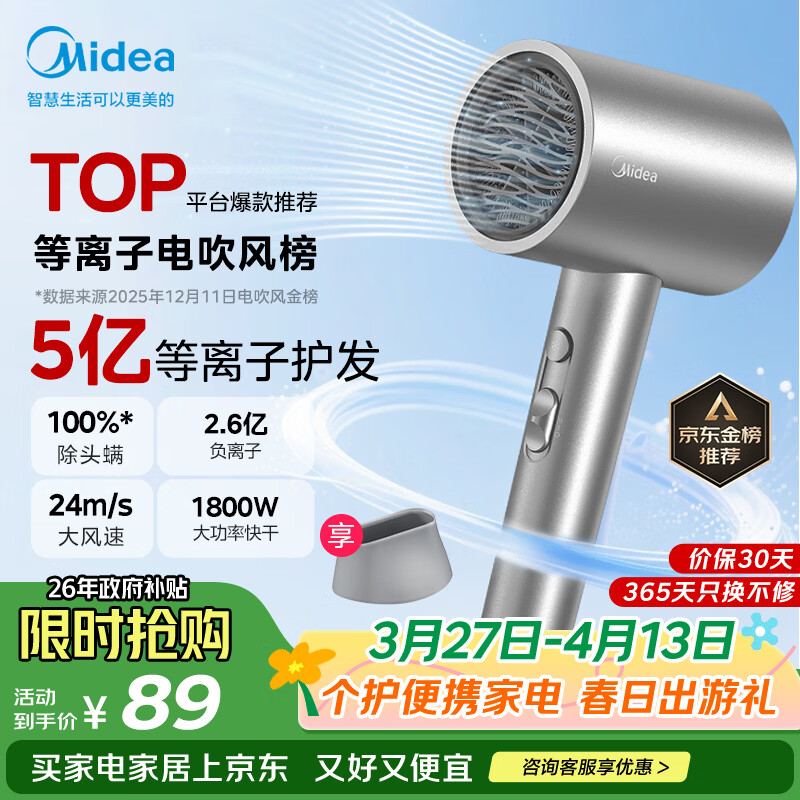 美的（Midea）5亿等离子护发电吹风 家用负离子护发吹风筒 1800W大功率快干吹风机 FJ308银 国家补贴 生日礼物