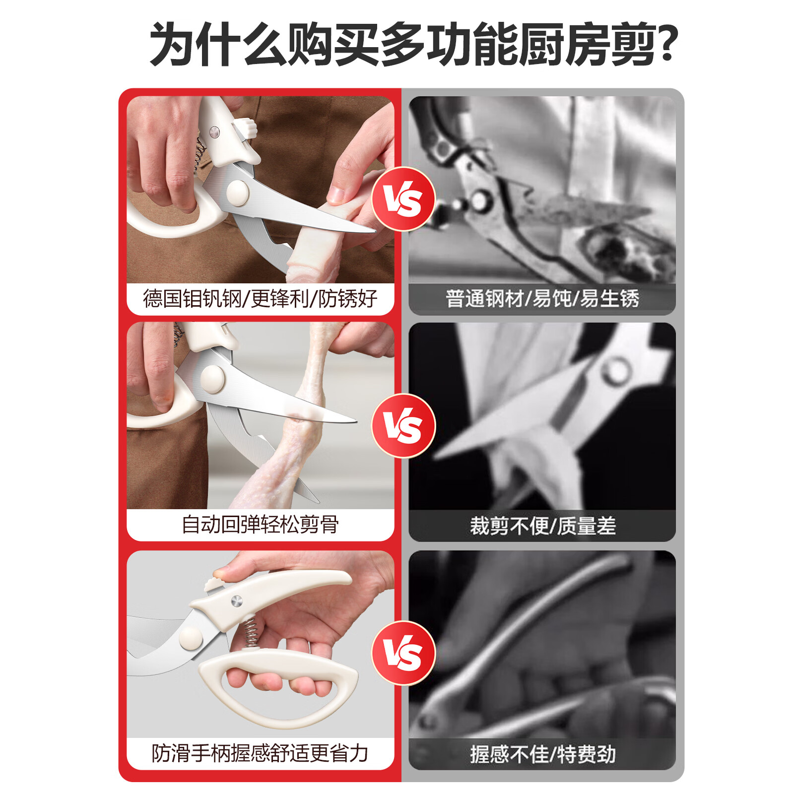优赏厨房剪刀家用多功能剪子不锈钢剪肉食物剪子鸡骨剪辅食大闸蟹剪刀 【自动回弹/省力不红手】