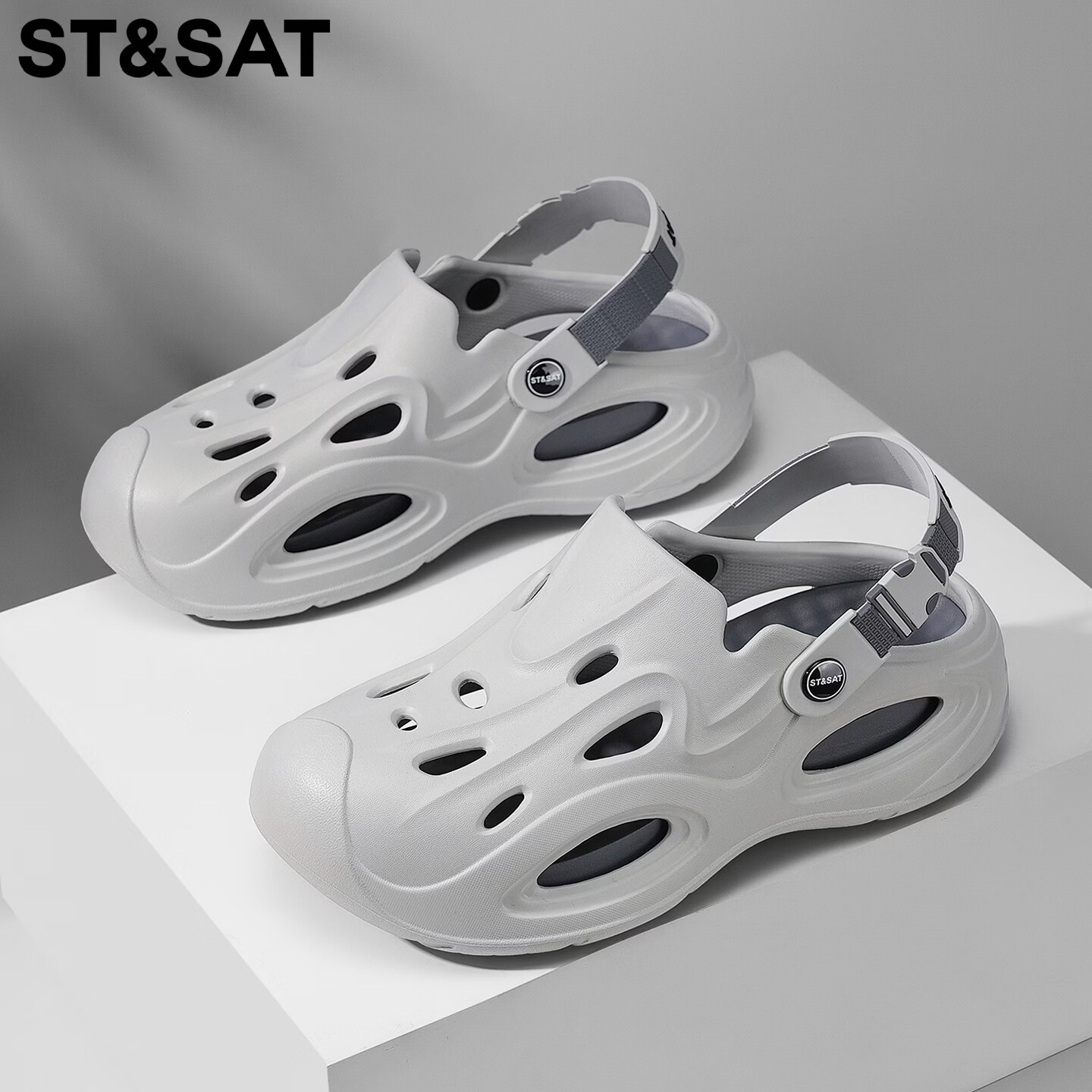 星期六（St&Sat）两穿洞洞鞋男夏季舒适凉鞋百搭运动凉拖鞋男轻便海边防滑沙滩鞋男 灰色 44-45 标准运动鞋尺码