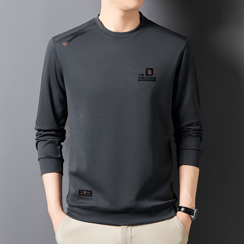 尺度保罗男士圆领长袖卫衣春夏季新款舒适透气套头打底长袖T恤衫宽松大码 CNJ310灰色 M 推荐90-120斤