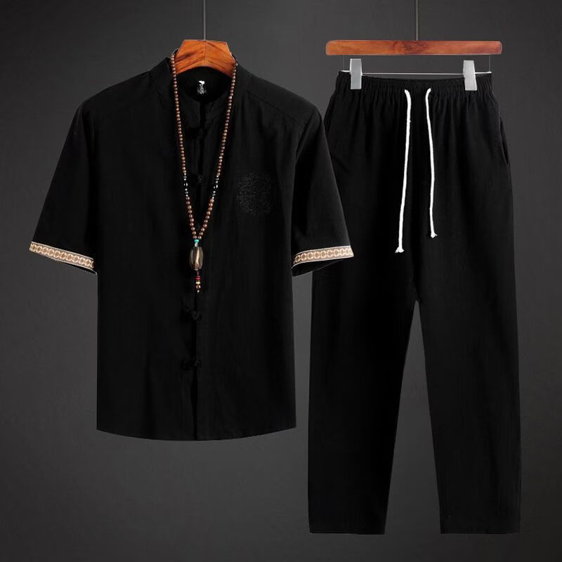 隐形都市莫代尔棉麻两件套中国风夏季亚麻套装中式唐装汉服茶禅服男士睡衣 黑色【上衣+裤子】两件套 当季新品 5XL 200-220斤