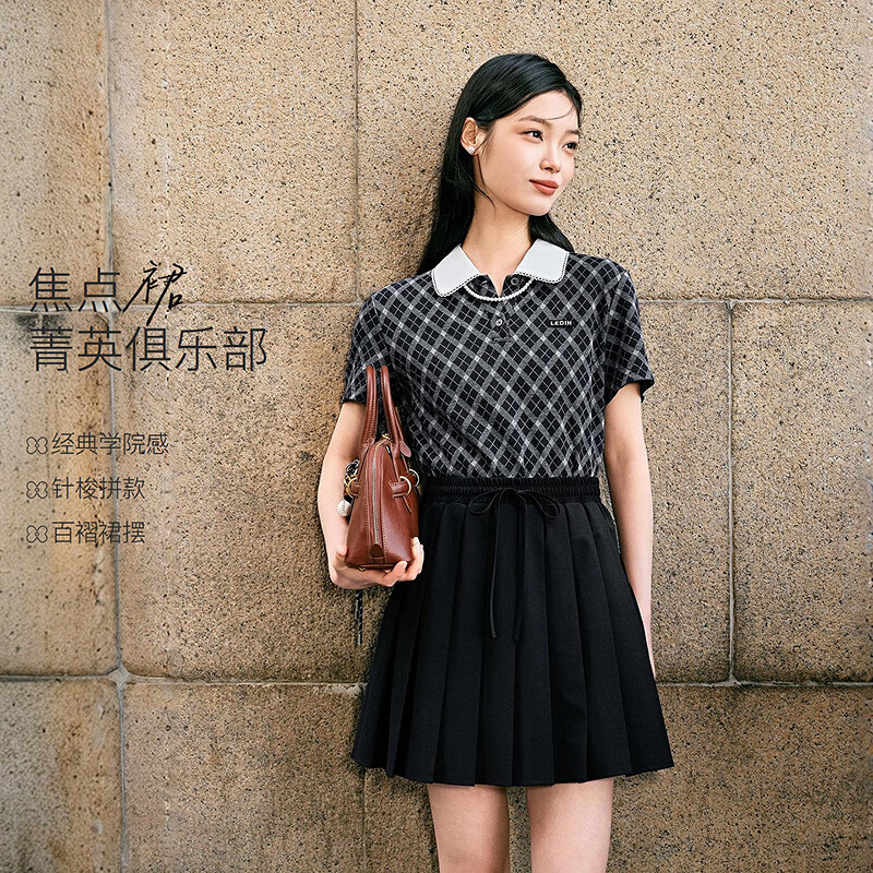 乐町拼接撞色衬衫领连衣裙女2026年夏季新款精致花边百褶短袖裙子 藏青蓝（现货） S