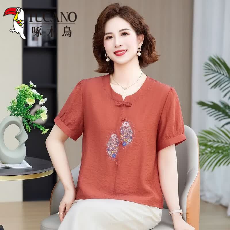 啄木鸟（TUCANO）绣花妈M妈夏装短袖T恤上衣洋气新款中年老年夏季时尚新中式宽松小 橘红色 5XL 建议145-155斤