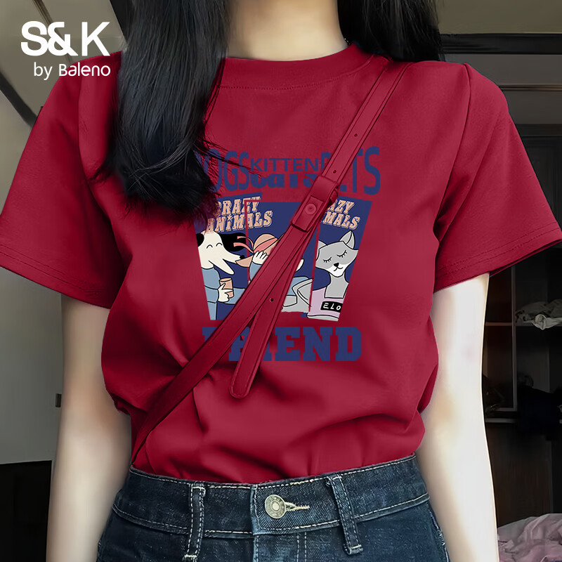 班尼路（Baleno）S&amp;K100%纯棉短袖T恤女2026年夏季女装新款潮流时尚休闲百搭上衣 车厘子红#Z旅游动物 M