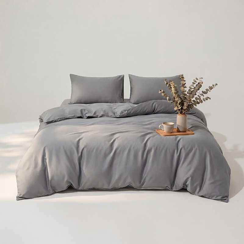 顶柔（DINGROU）净棉柔序贡缎长绒棉拼色纯棉四件套100%全棉床上用品床单被套 杰卡西灰 1.2-1.5米床 床单款 （被套150*200cm）