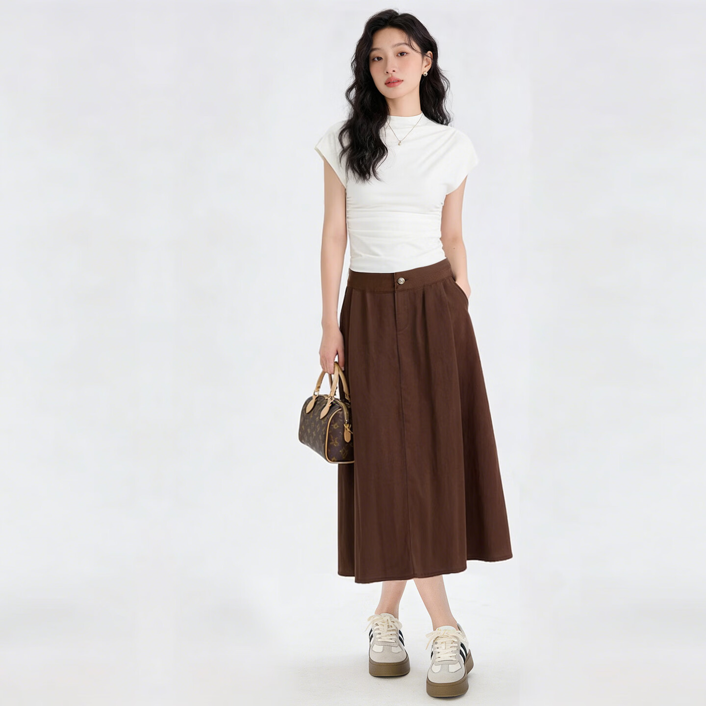 依凡芙天丝亚麻夏季百搭捏折显瘦遮肉A字松紧腰女装半身裙夏装新款 卡其色 M